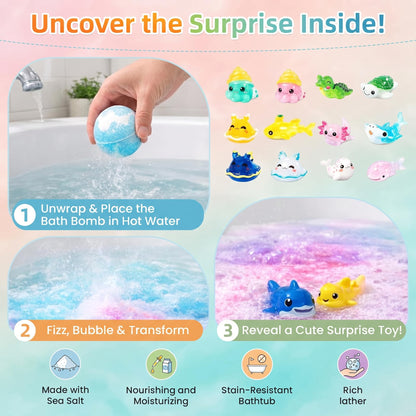 Bath Bombs with Surprise Inside, 12 Pack Fizzy Bath Bombs with Animal Figures Inside, Play Fizz Bubble Bath Gift Set with Natural Bath Bombs, Colorful Sea Salt Bath Balls Gifts (Zoo)