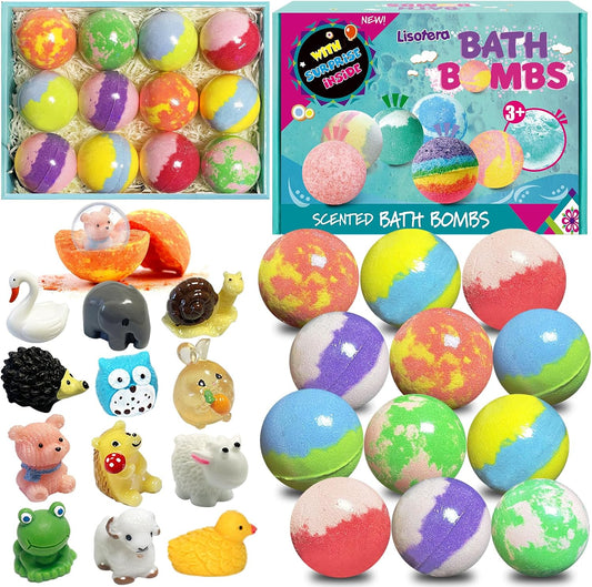 Bath Bombs for Kids with Surprise Inside, 12pcs Bath Bombs with Toys, Organic Colorful Bubble Bath Fizzy Ball, Birthday Gifts Set for Kids, Christmas Party Favor Gift for Boys Girls with Bath Toys