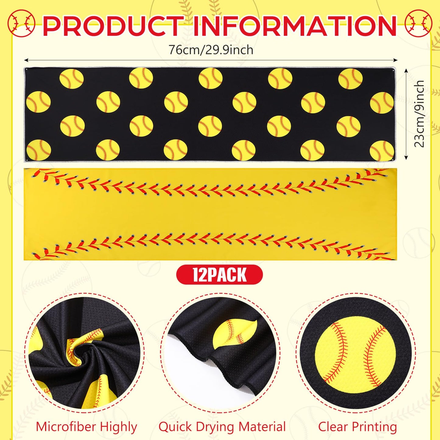 Remagr 12 Pcs Baseball Cooling Towels 30" x 9" Quick Dry Microfiber Sweat Towels for Workout, Gym, Running, Baseball Teams Sports Fans Party Favors Gifts