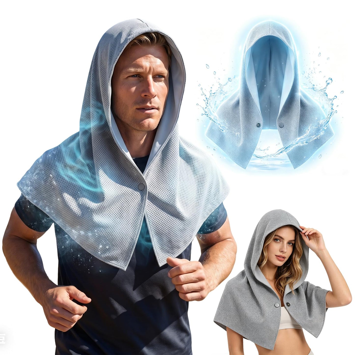 Cooling Hoodie Towels for Men and Women - Double-Layer Breathable PVA Cooling Towels for Neck and Face, Instant Cold Hooded Ice Towel for Sports, Gym, Hiking, Cycling in Hot Weather (Gray)