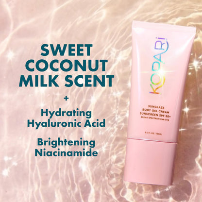 Kopari Sunglaze Body Gel Cream Sunscreen SPF 50+ | Broad-Spectrum Body Sunscreen with Hyaluronic Acid & Coconut Oil | Lightweight, Non-Greasy, Glowing Finish