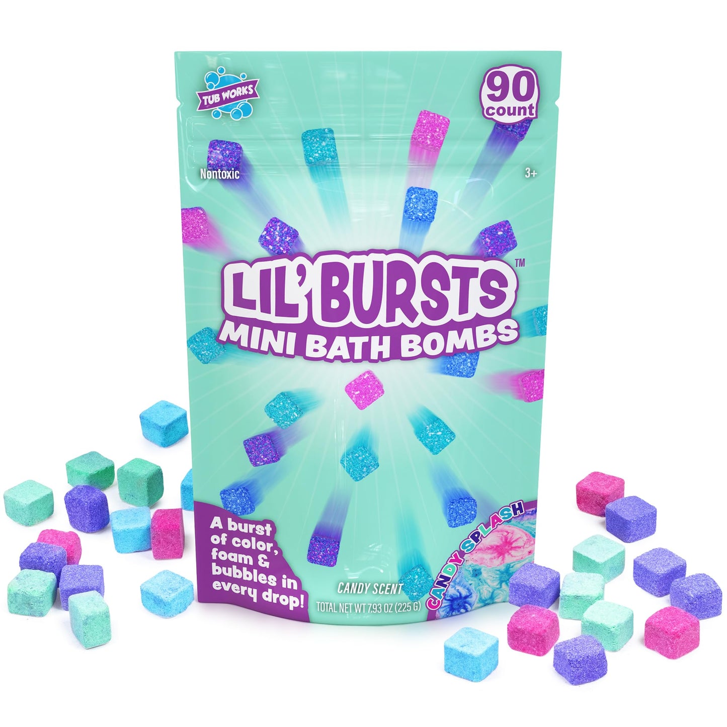 Tub Works® Lil' Bursts™ Mini Bath Bombs for Kids, 90 Count, Rainbow | Nontoxic | Tiny Kids Bath Bombs with A Burst of Color, Foam & Bubbles | Customize Toddler Bath with 7 Colors | Make Bathtub Art
