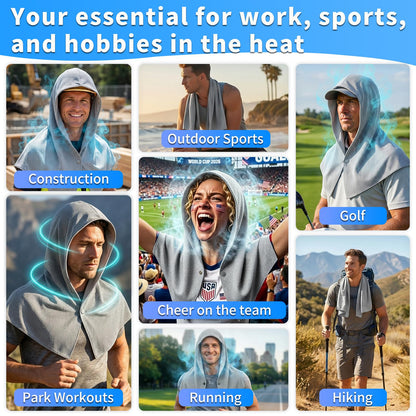 Cooling Hoodie Towels for Men and Women - Double-Layer Breathable PVA Cooling Towels for Neck and Face, Instant Cold Hooded Ice Towel for Sports, Gym, Hiking, Cycling in Hot Weather (Gray)