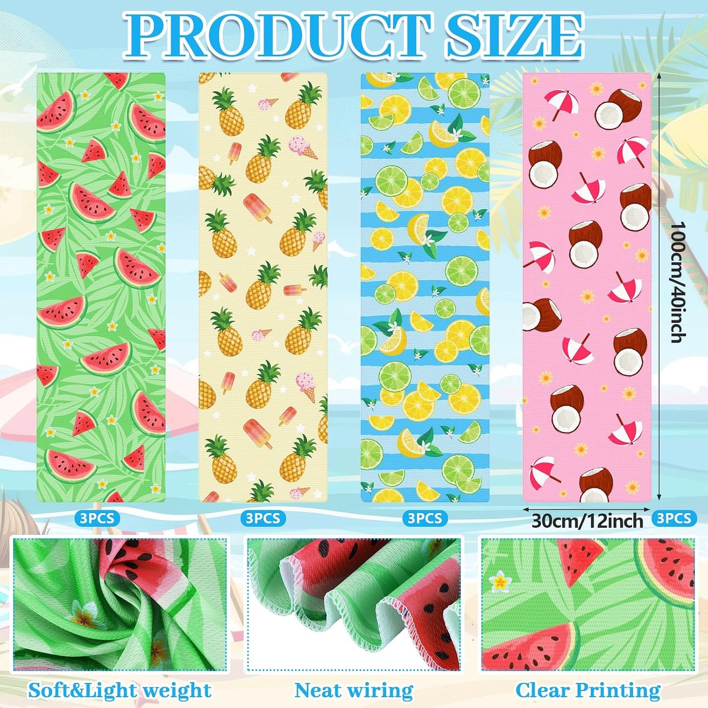 12-Pack Beach Party Theme Cooling Towels - 40"x12" Quick-Dry Microfiber Ice Towels with Tropical Fruit Design Lemon Coconut Watermelon Pineapple Perfect for Pool Gym Sports Summer Events