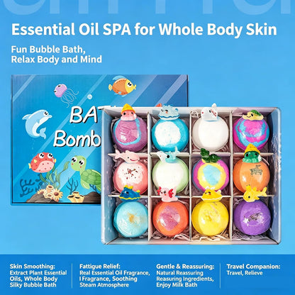 Ocean Toy Bath Salt Ball Sleeve Box Bath Bombs,Bath Bombs with Surprise Inside,Gift Set with 12 Sea Animal Toys,Fun,Educational,and Safe Natural Bath Bubble with Toys,Great Gift for Kids’Birthdays