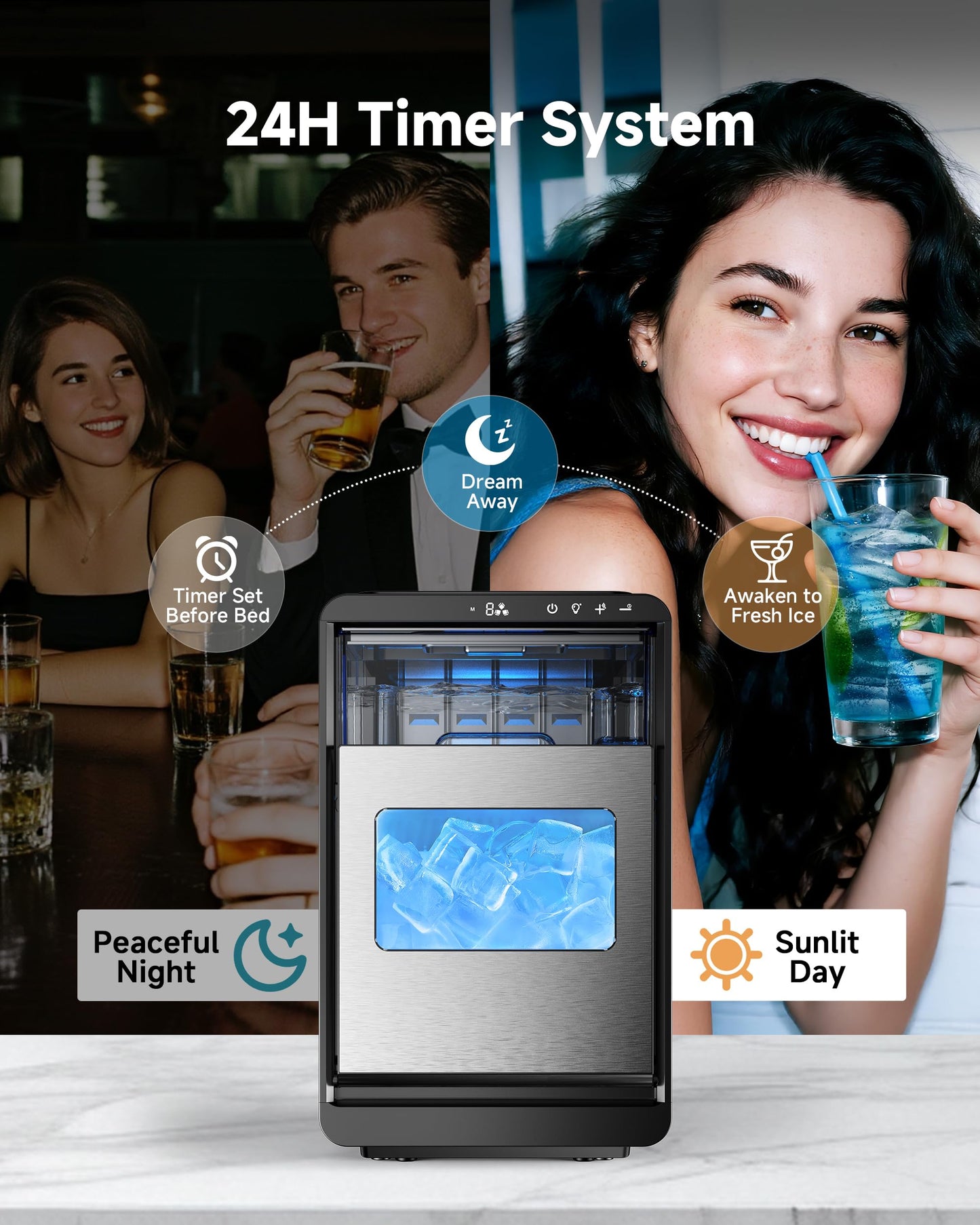 Crescent Ice Maker Countertop, 35Lbs/24H, Clear Ice Maker with Self-Cleaning & Timer, 16 Crystal-Clear Ice in 12 Mins, Countertop Ice Makers for Home, Office or Party