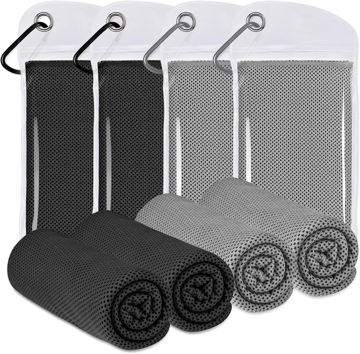 4 Pack Cooling Towels (40"x12"), Cooling Towels for Neck and Face, Gym Towel for Working Out, Soft Breathable Microfiber Ice Towel for Yoga Sport Running (Black/Black/Dark Gray/Dark Gray)