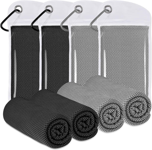 4 Pack Cooling Towels (40"x12"), Cooling Towels for Neck and Face, Gym Towel for Working Out, Soft Breathable Microfiber Ice Towel for Yoga Sport Running (Black/Black/Dark Gray/Dark Gray)