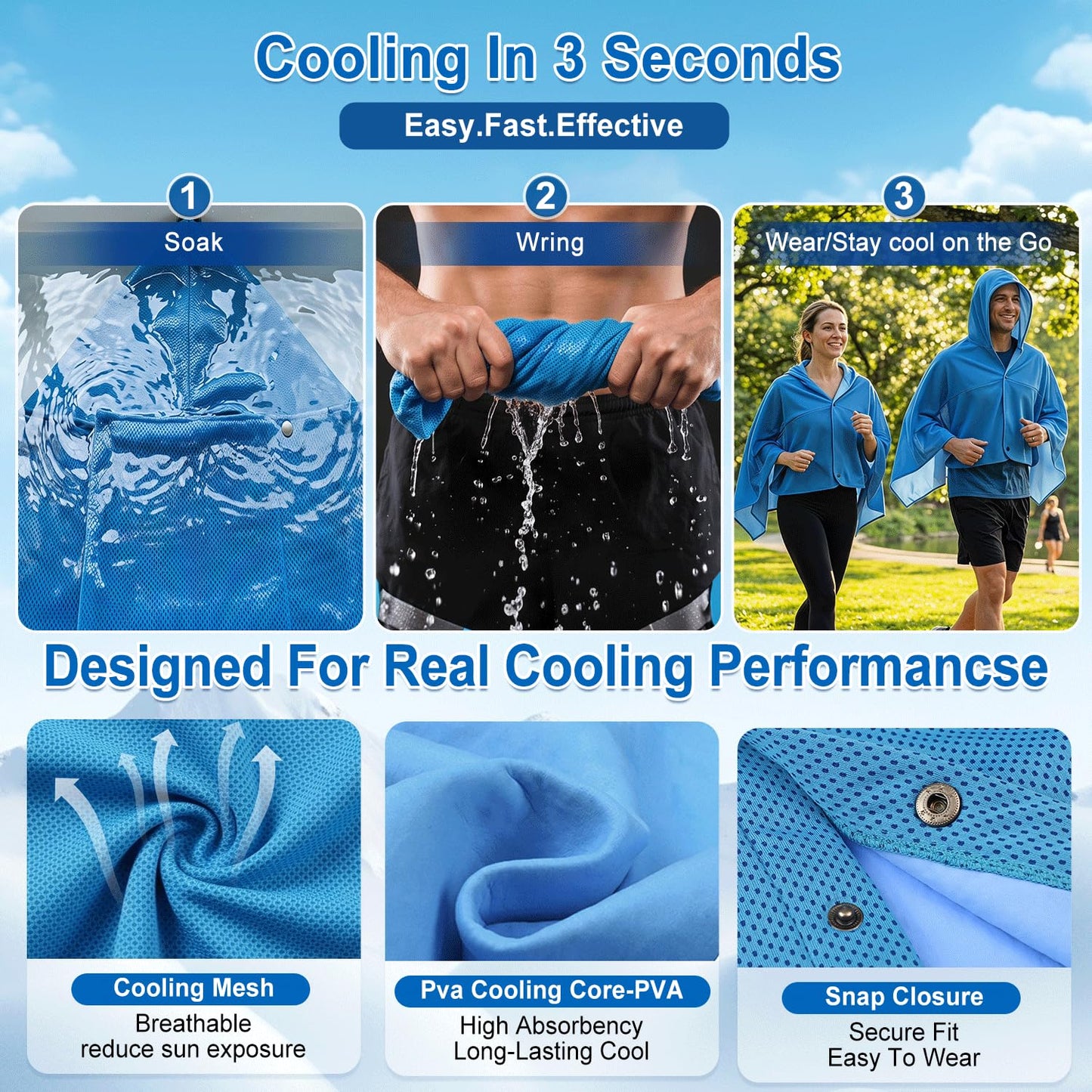 Upgrade Large Hoodie Cooling Towels - Double Layer Ice Beach Towel Wearable Shawl, Sun Proection Long-Lasting Heat Relief Cool for Yoga,Yard work Camping Beach & Summer Activities (Blue, 55*25inch)