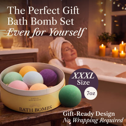 XXXL Bath Bombs for Women Gift Set, 7 Pack, Spa Scents, Adelegourdain | 7 Scents - Arrives in Gift Box - XXXL (200g) - Long-lasting Fizz & Scent - Non-Staining - For Birthdays, Mothersday and More