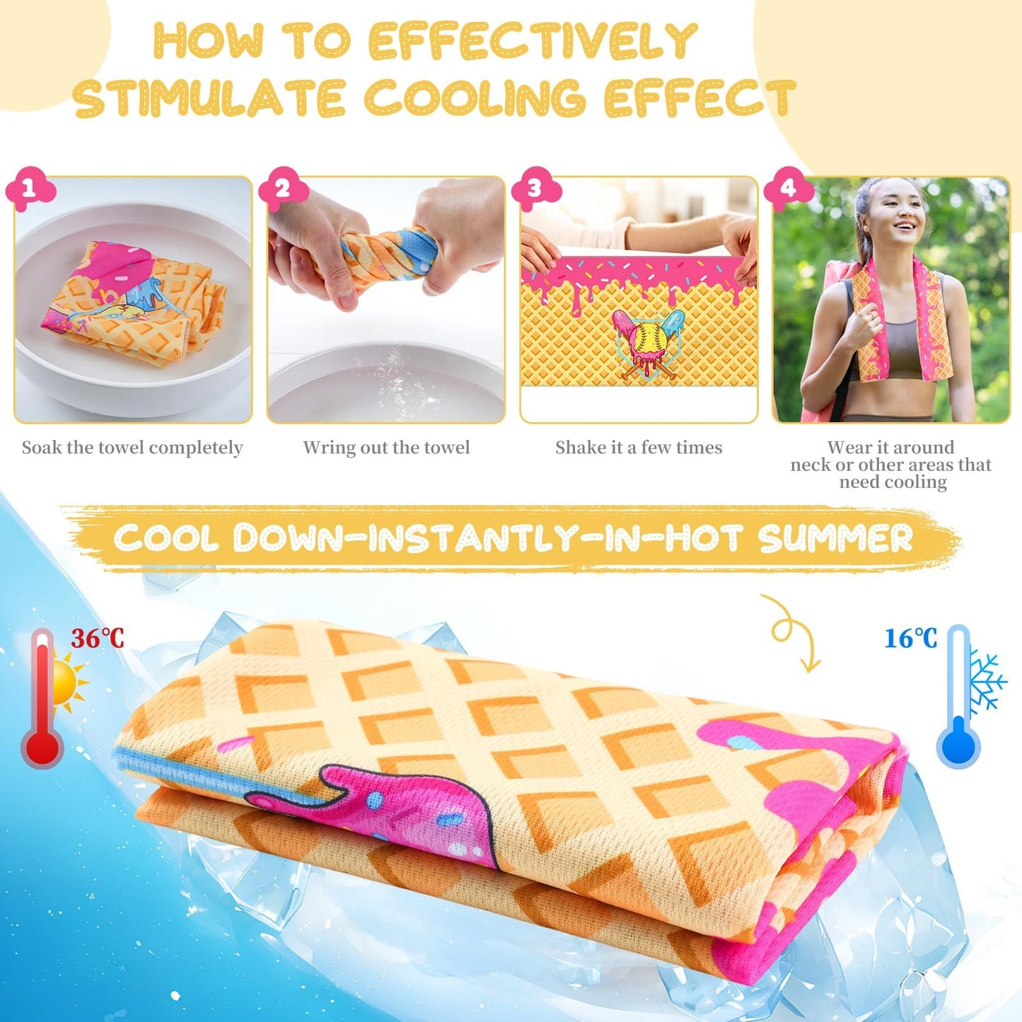 Set of 12 Softball Ice Cream Drip Cooling Towels 40"x12", Sweat Absorbent Cooling Towels for Coach & Team Gifts, Youth Sports, Gym, Beach, Pool & Hot Weather Party Favors