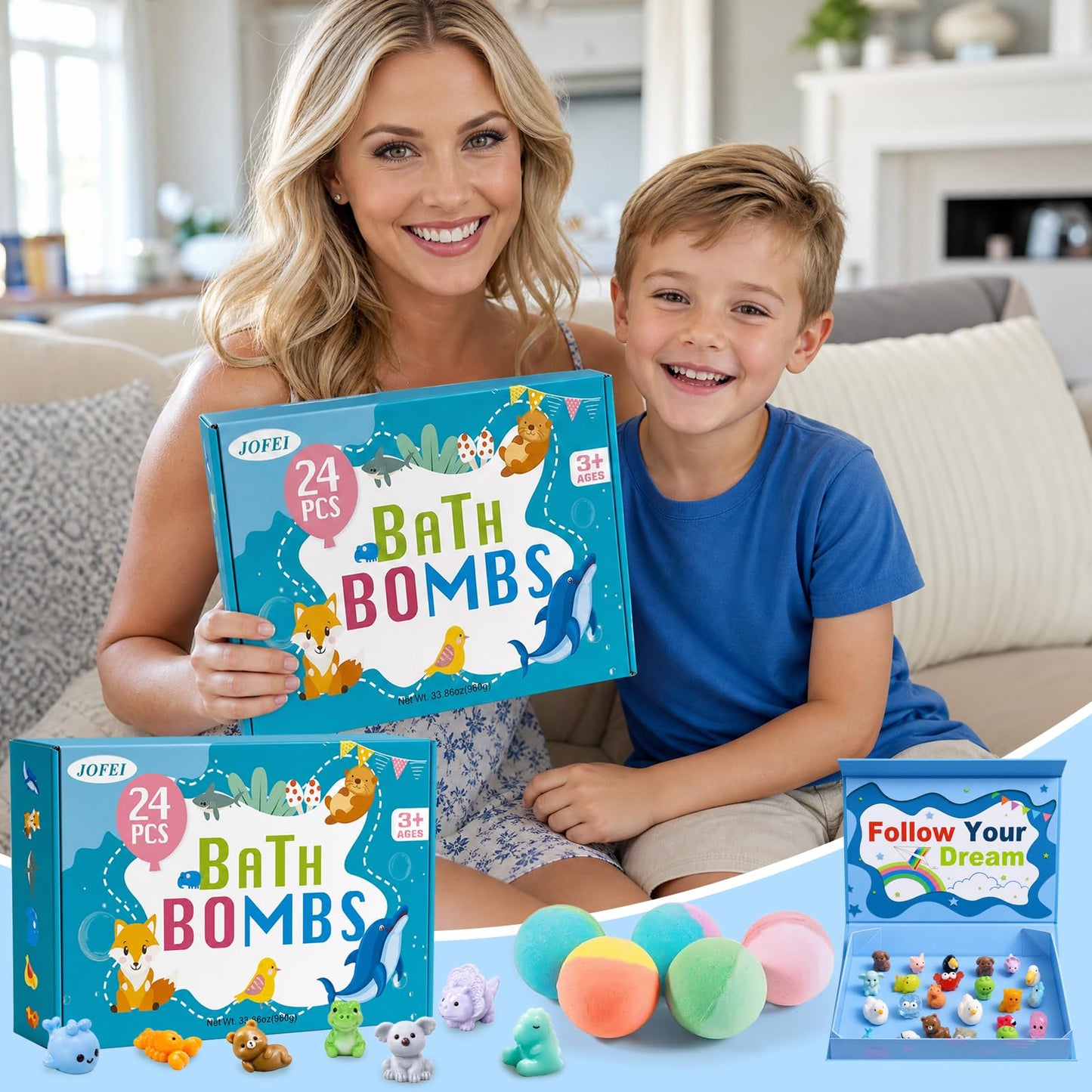 Bath Bombs for Kids with Surprise Inside, 24 Pack Kids Bath Bombs with Toys Inside Gift Set, Kid Bubble Bath Fizzy for Girls Boys with Bath Toys (Classic Edition)