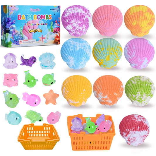 Bath Bombs for Kids with Toys Inside for Girls Boys - 10 Handmade Bubble Bath Fizzies Bomb with Surprise Sea Animals Toys, Easter Birthday Christmas Gift Set for Kids