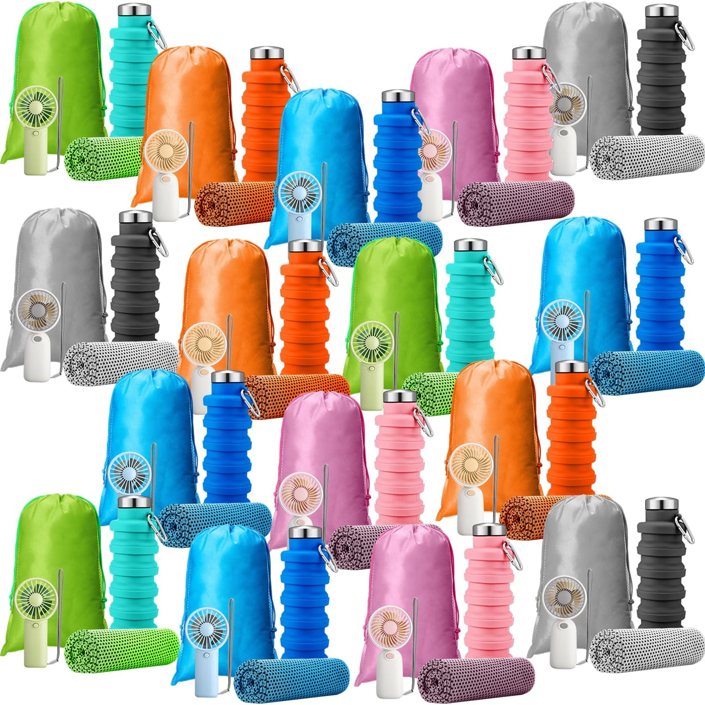 24 Set Theme Park Necessities Cruise Ship Accessory Kit Collapsible Water Bottle Cooling Towel Fan Drawstring Bag for Summer Amusement Park Outdoor Team Travel Cruise Gift Fitness Sport Favor