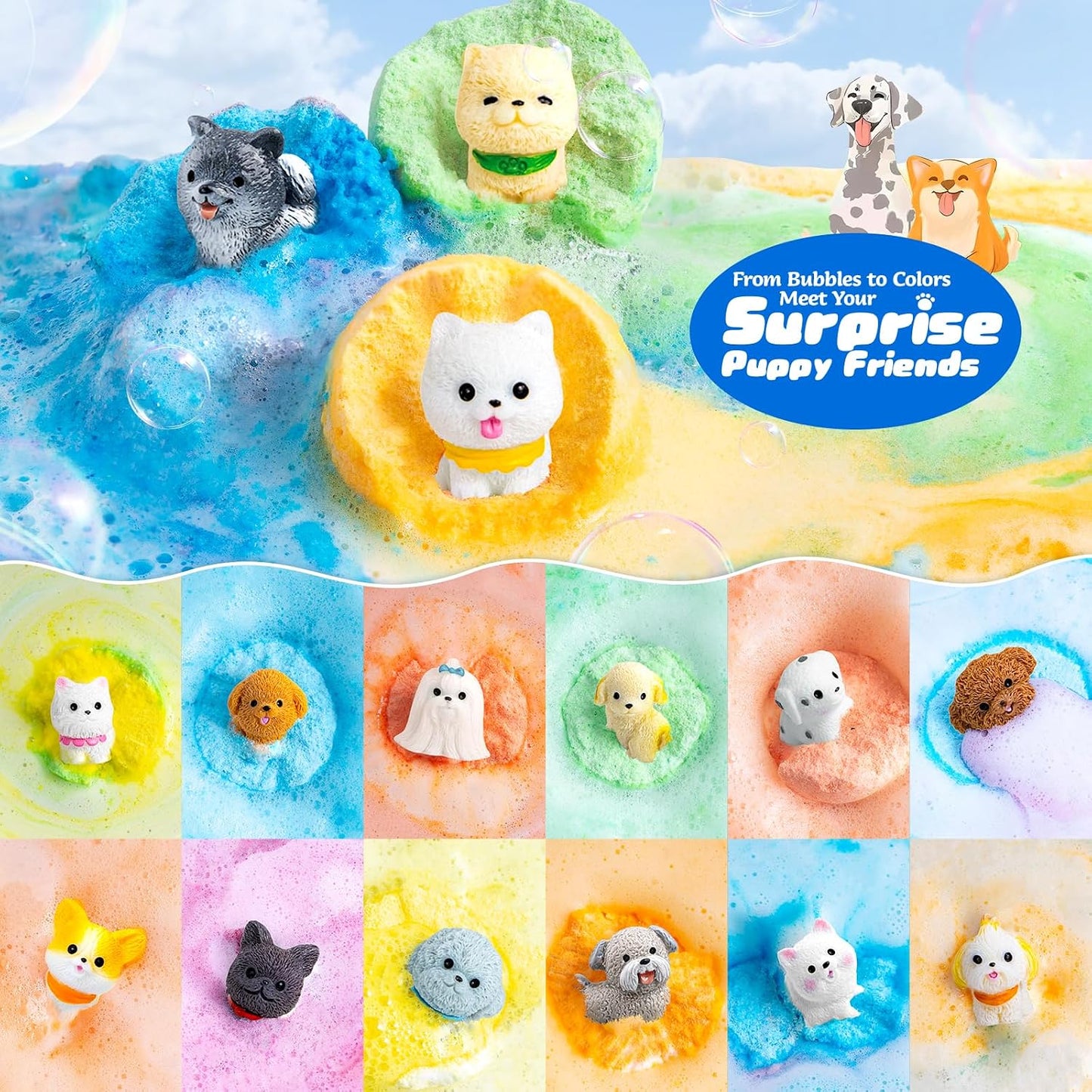 24 Pack Puppy Bath Bombs for Kids - Each with Surprise Dog Figurine Inside, 15 Scents, Bath Bombs with Toys, Skin-Friendly, Birthday Party Favors & Stocking Stuffers for Boys & Girls