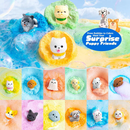 24 Pack Puppy Bath Bombs for Kids - Each with Surprise Dog Figurine Inside, 15 Scents, Bath Bombs with Toys, Skin-Friendly, Birthday Party Favors & Stocking Stuffers for Boys & Girls