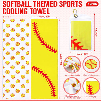 Mindsoft 12 Set Softball Cooling Towels for Sports Team Gifts with Carrying Pouch 30 x 9 Inch Softball Towels Bulk Microfiber Ice Cooling Rags for Birthday Party Favors Swag Bag Stuffers