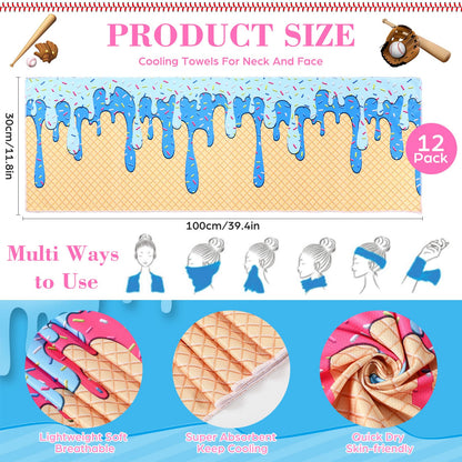 Moukeren 12 Pcs Cooling Towel with Mesh Storage Bag and D Ring Hook, 40" x 12" Soft Breathable Chilly Microfiber Sport Towels for Yoga Running Gym Workout Sport Party Favors Team Gift(Ice Cream Drip)
