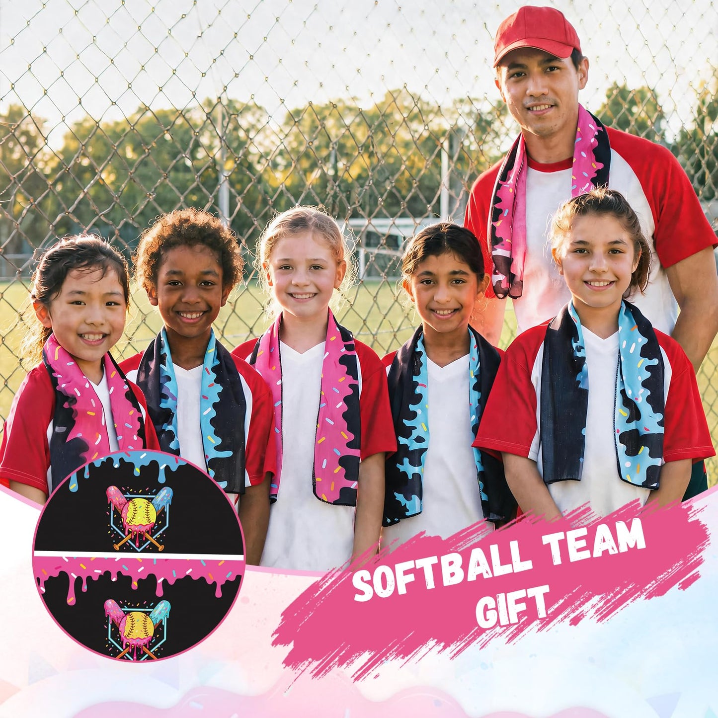 Set of 12 Softball Ice Cream Drip Cooling Towels 40"x12", Sweat Absorbent Cooling Towels for Coach & Team Gifts, Youth Sports, Gym, Beach, Pool & Hot Weather Party Favors