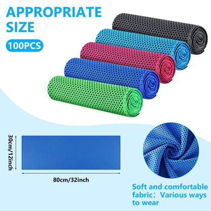 Shellwei 100 Pcs Cooling Towels Bulk 32 x 12 Inch Ice Towel Bulk Cooling Rag for Face and Neck Soft Breathable Microfiber Cloth Chilly Quick Cold for Gym Sport Golf Running Stay Cold (Multicolor)