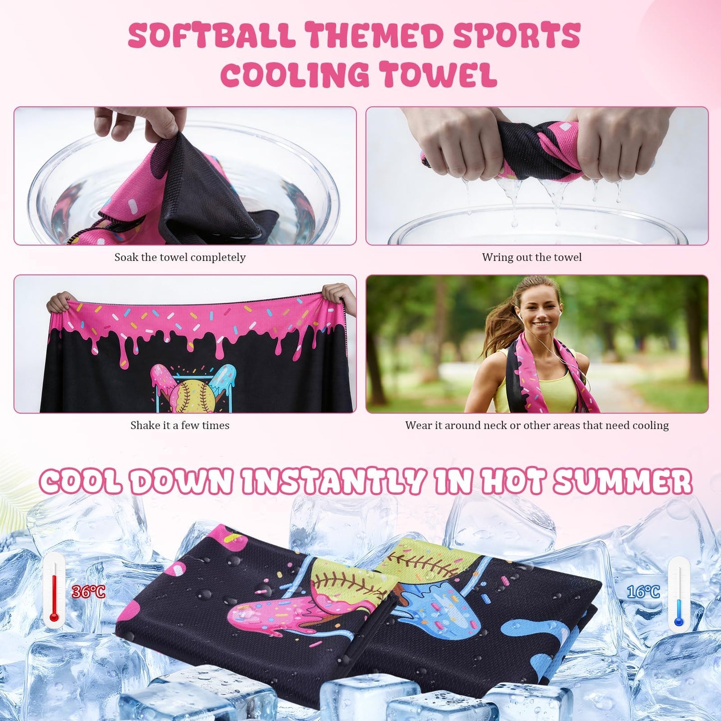 Set of 12 Softball Ice Cream Drip Cooling Towels 40"x12", Sweat Absorbent Cooling Towels for Coach & Team Gifts, Youth Sports, Gym, Beach, Pool & Hot Weather Party Favors