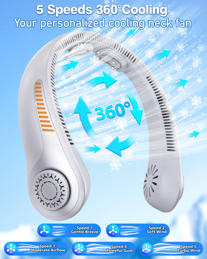 Portable Neck Fan - Rechargeable Personal Fan with Neck Support, 5000mAh, 5-Speed Quiet, Lightweight Long Lasting Bladeless Fan, Wearable Cooling Fan for Hot Flashes, Travel, Gifts for Men Women