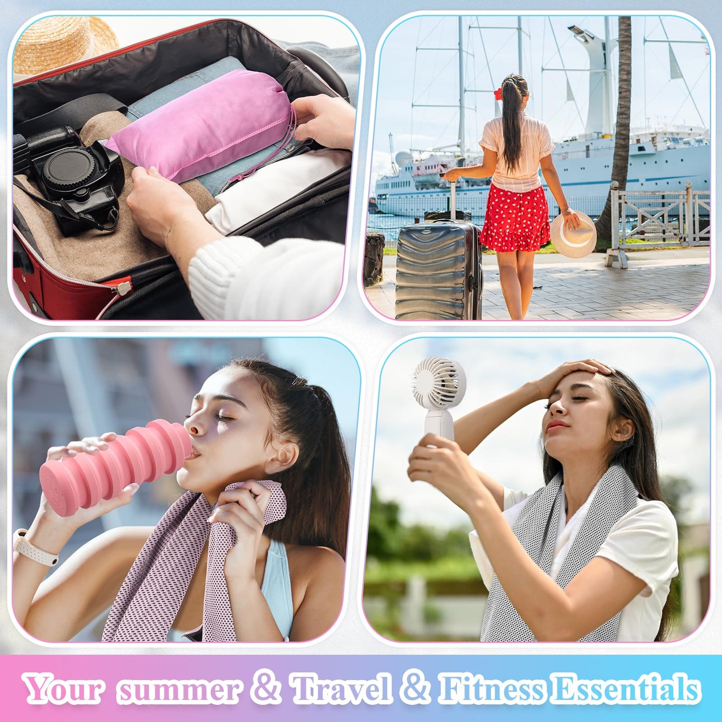 24 Set Theme Park Necessities Cruise Ship Accessory Kit Collapsible Water Bottle Cooling Towel Fan Drawstring Bag for Summer Amusement Park Outdoor Team Travel Cruise Gift Fitness Sport Favor