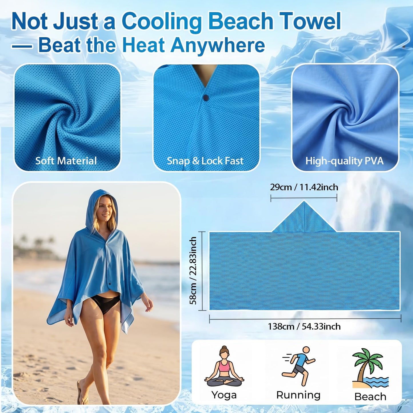 Cooling Hooded Beach Towel Cloak for Men Women -UPF 50+ Sun Proteciton Double Layer PVA Fabric Sweat-Absorbent Cool Towel Cape, Instant Cooling Soft Ice Towelfor Beach Yoga Camping (Blue)