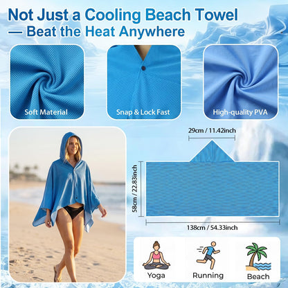 Cooling Hooded Beach Towel Cloak for Men Women -UPF 50+ Sun Proteciton Double Layer PVA Fabric Sweat-Absorbent Cool Towel Cape, Instant Cooling Soft Ice Towelfor Beach Yoga Camping (Blue)