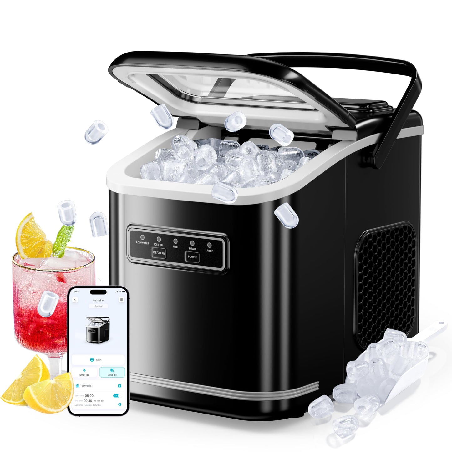 ecozy 2" Clear Ice Ball Maker Countertop with CrystalFlux Technology, 4 pcs in 40 Mins, 144 pcs/Day, Sphere Ice Maker with Automatic Water Supply, Self-Cleaning, Enhanced Insulation for Whiskey Bar