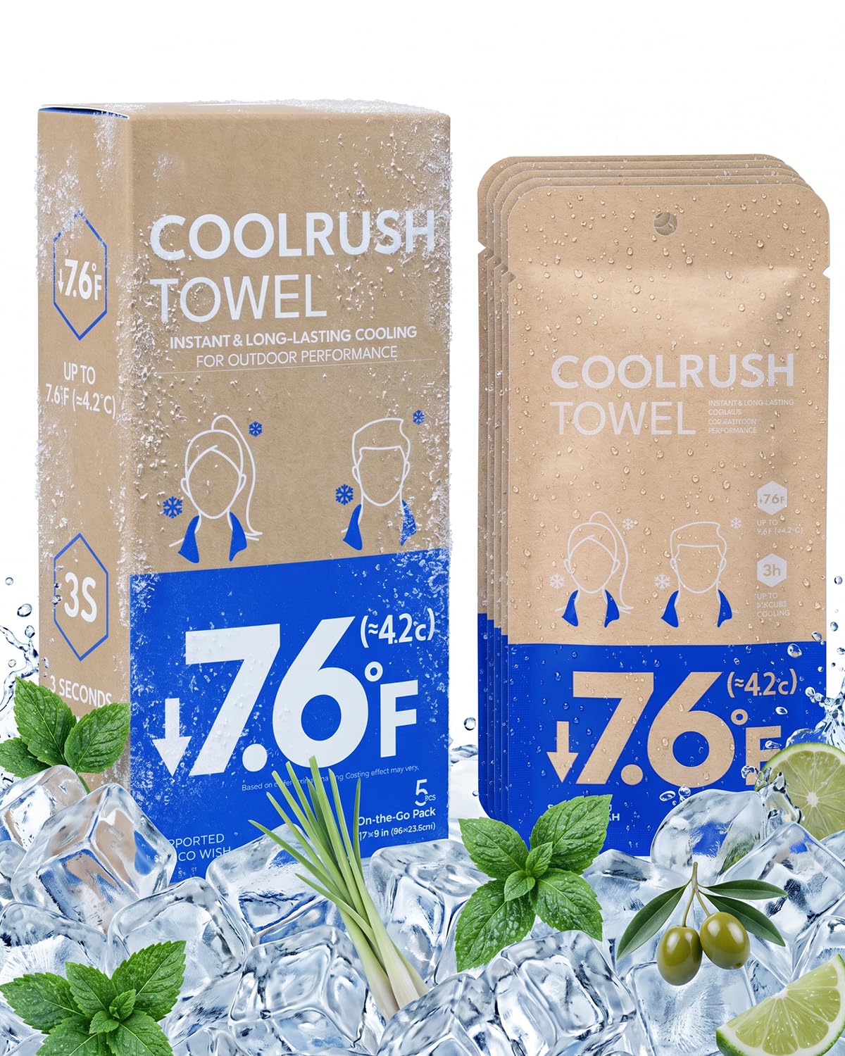 CoolRush Towel with Natural Mint Extract, Instant 3-Second Cooling Towel, Reusable Sports Cooling Wipes for Summer Heat, Alcohol-Free, for Running, Cycling, Gym, Outdoor Activities(10 Pack)