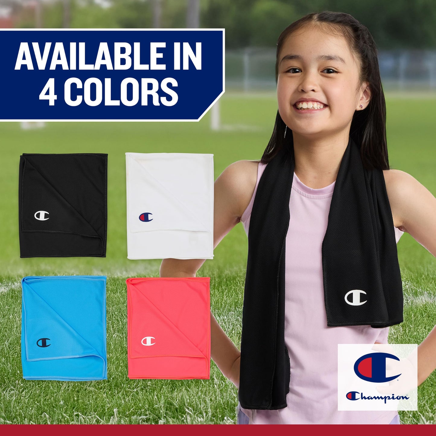 Champion Face & Neck Towel for Active Cooling (White), 34"x10" Lightweight Cooling Neck Wrap for Yoga, Hiking, and Outdoor Workouts, Reusable Sports Towel with Unique Fabric & Sun Protection