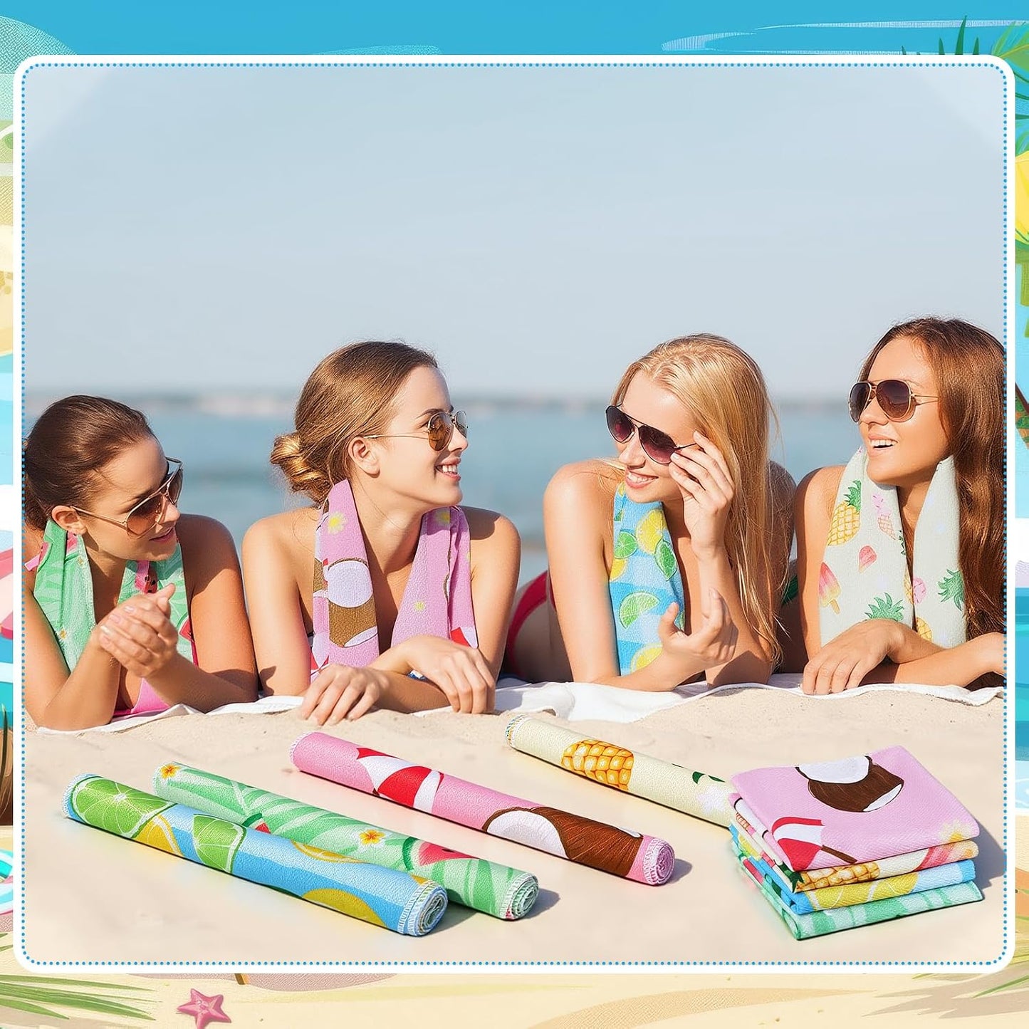 12-Pack Beach Party Theme Cooling Towels - 40"x12" Quick-Dry Microfiber Ice Towels with Tropical Fruit Design Lemon Coconut Watermelon Pineapple Perfect for Pool Gym Sports Summer Events