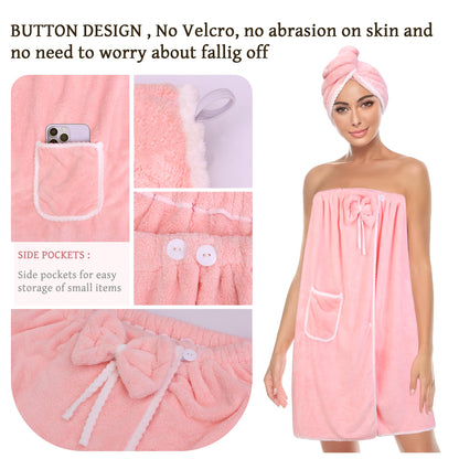 Towel Wrap Women Shower Robe Adjustable Closure Bathrobe with Hair Drying Towel & Spa Wraps