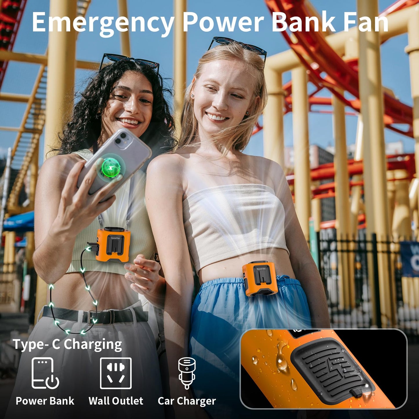 Socool 10000mAh Portable Waist Fan Clip on Wearable Belt Personal Fan Rechargeable Battery operated With 5 Speeds & Flashlight Neck Hands-Free 40H Cooling For Outdoor Camping Travel (Black)
