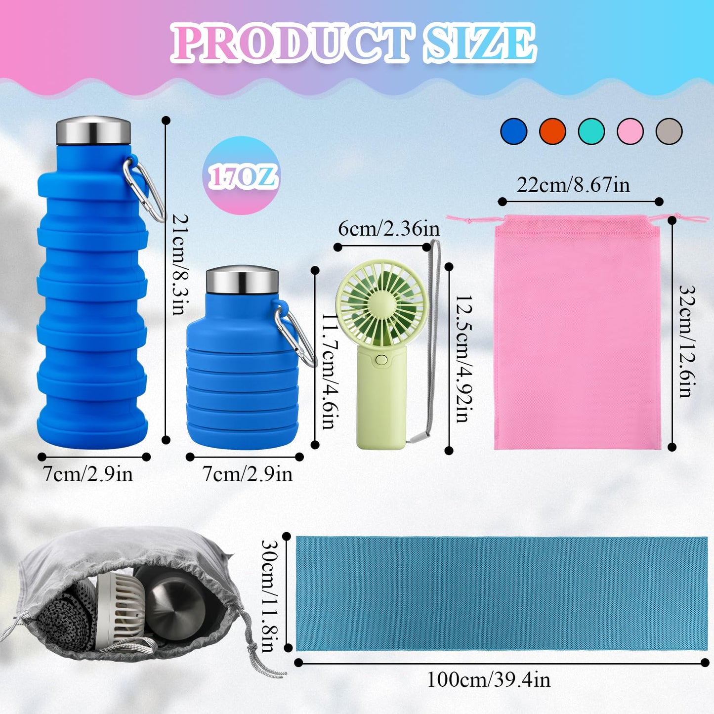24 Set Theme Park Necessities Cruise Ship Accessory Kit Collapsible Water Bottle Cooling Towel Fan Drawstring Bag for Summer Amusement Park Outdoor Team Travel Cruise Gift Fitness Sport Favor