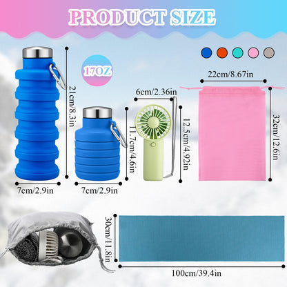 24 Set Theme Park Necessities Cruise Ship Accessory Kit Collapsible Water Bottle Cooling Towel Fan Drawstring Bag for Summer Amusement Park Outdoor Team Travel Cruise Gift Fitness Sport Favor
