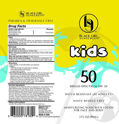 Black Girl Sunscreen Kids SPF 50 Lotion for Face & Body- Sun Protection for Skin, Kids Sunscreen, Water Resistant for 80 Minutes, Ideal for Beach & Travel, No White Cast for Melanin Rich Skin- 6 fl oz