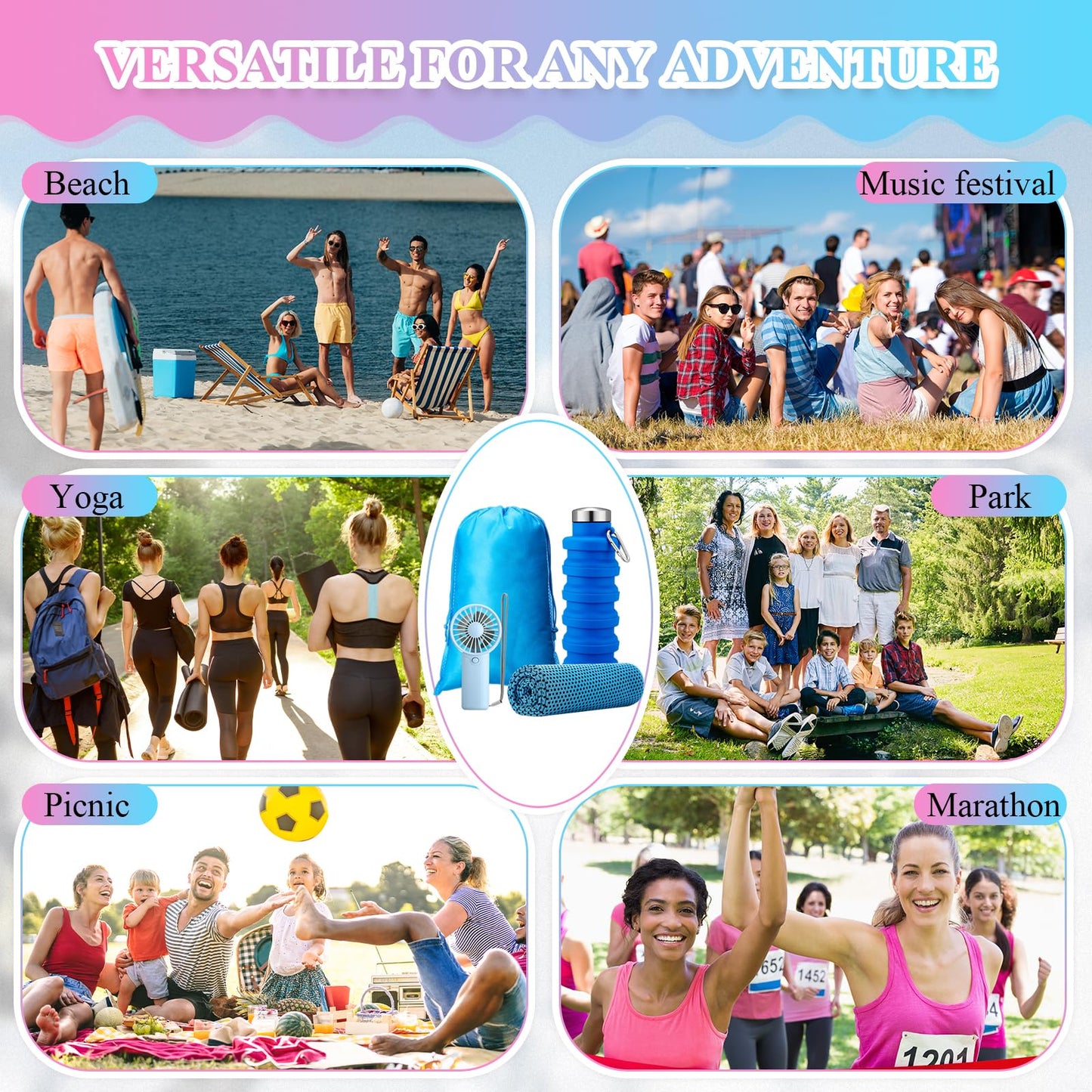 24 Set Theme Park Necessities Cruise Ship Accessory Kit Collapsible Water Bottle Cooling Towel Fan Drawstring Bag for Summer Amusement Park Outdoor Team Travel Cruise Gift Fitness Sport Favor