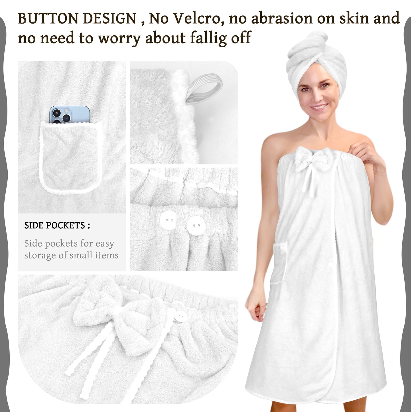 Towel Wrap Women Shower Robe Adjustable Closure Bathrobe with Hair Drying Towel & Spa Wraps