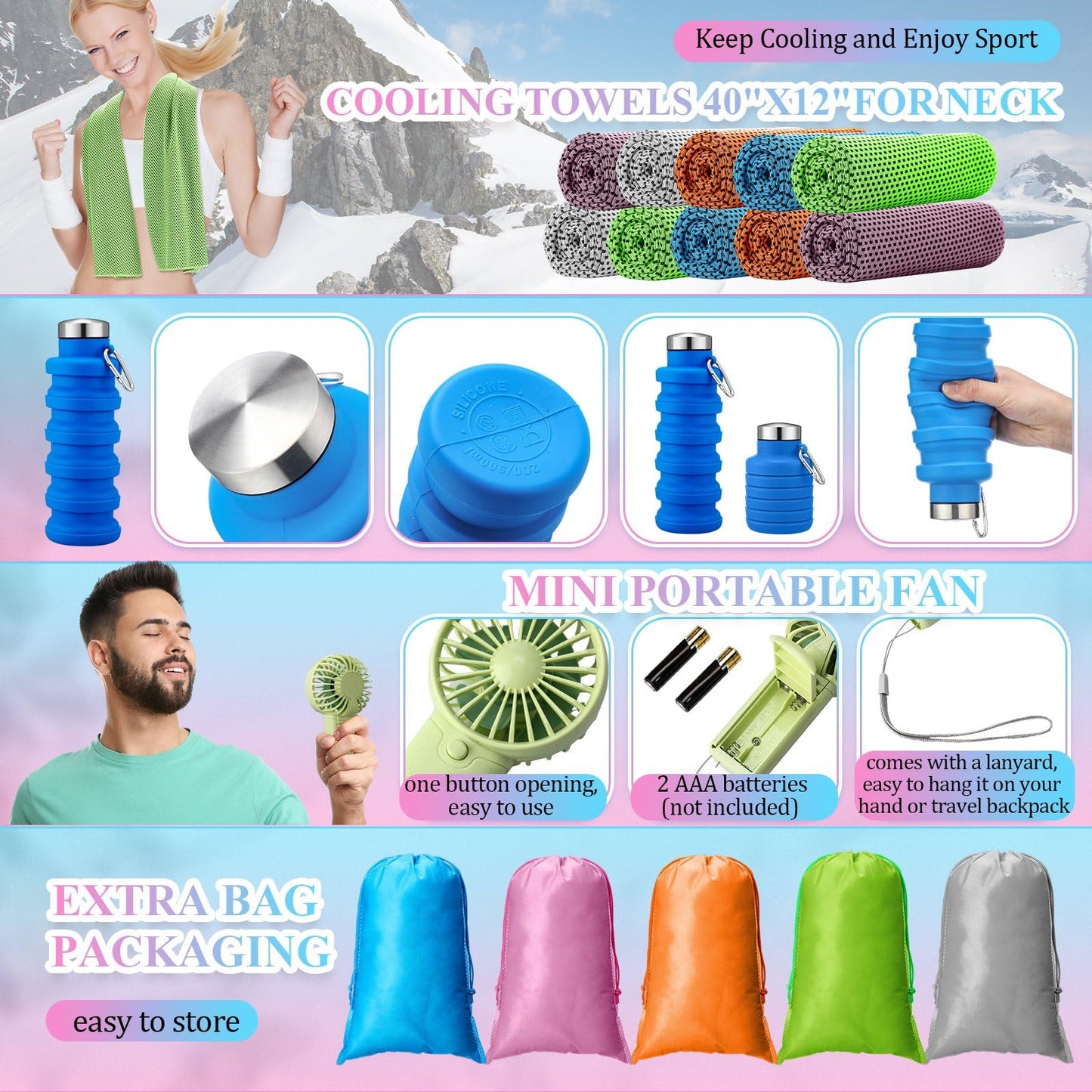 24 Set Theme Park Necessities Cruise Ship Accessory Kit Collapsible Water Bottle Cooling Towel Fan Drawstring Bag for Summer Amusement Park Outdoor Team Travel Cruise Gift Fitness Sport Favor