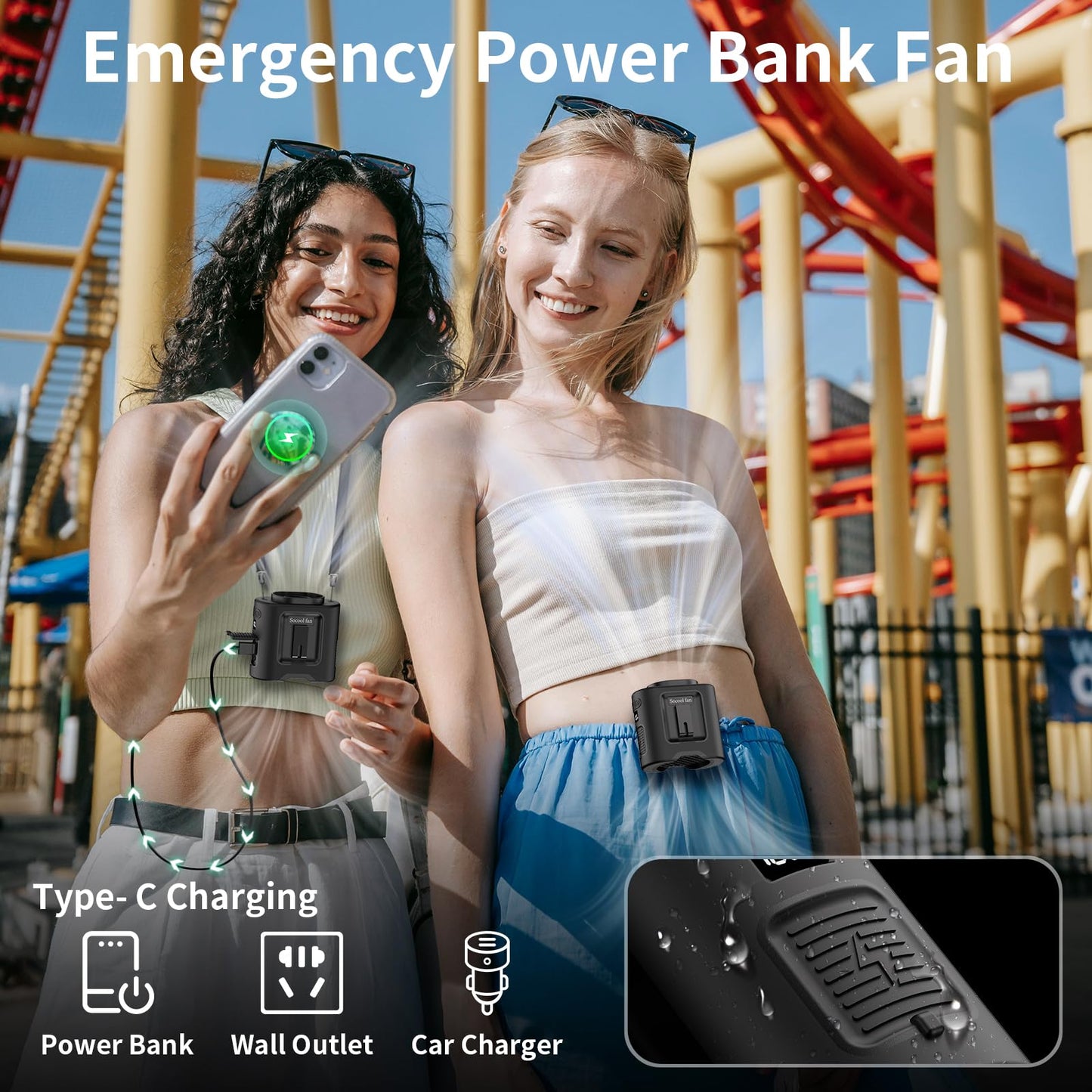 Socool 10000mAh Portable Waist Fan Clip on Wearable Belt Personal Fan Rechargeable Battery operated With 5 Speeds & Flashlight Neck Hands-Free 40H Cooling For Outdoor Camping Travel (Black)