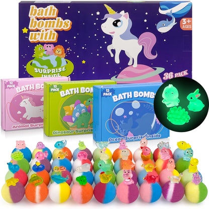 Bath Bombs for Kids, 12 Pcs Bath Bombs with Glow in The Dark Animal Surprise Inside, Handmade Organic Bubble Bath Ball Gift Set for Boys and Girls, Gift for Birthday Christmas Easter