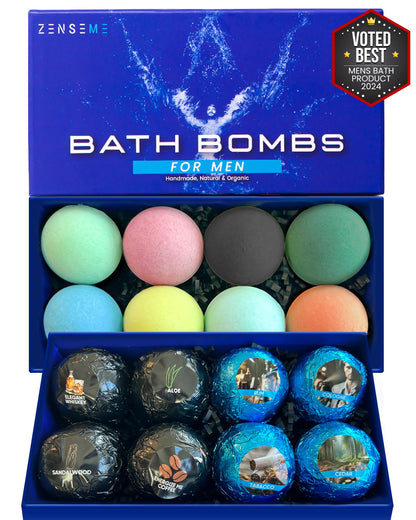 Bath Bombs for Men, Gift Set of 8 Scented Organic Handmade Bath Bombs of 2.5 oz with Natural Essential Oils for Boyfriend, Husband, Father or Friend, by ZenseMe