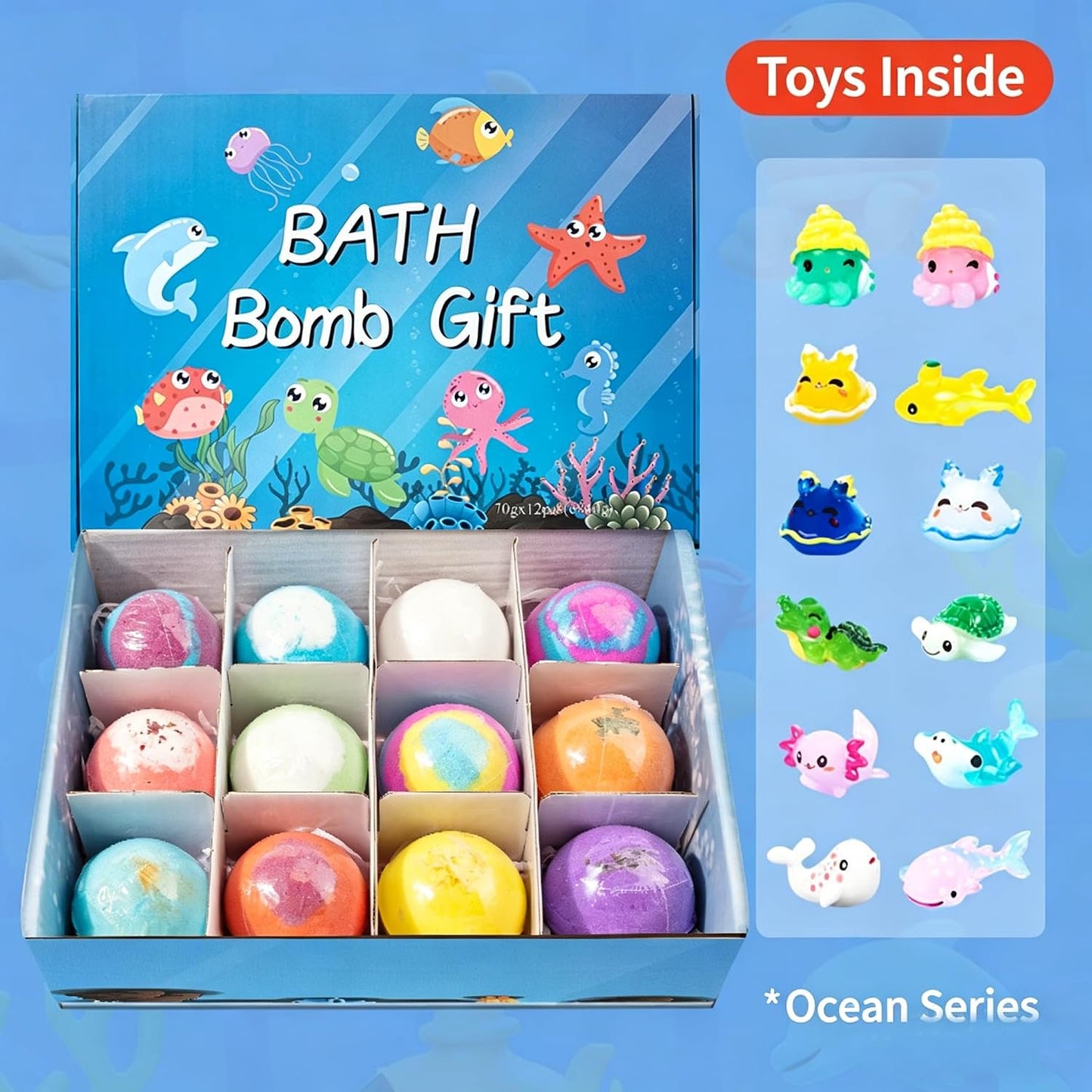 Ocean Toy Bath Salt Ball Sleeve Box Bath Bombs,Bath Bombs with Surprise Inside,Gift Set with 12 Sea Animal Toys,Fun,Educational,and Safe Natural Bath Bubble with Toys,Great Gift for Kids’Birthdays