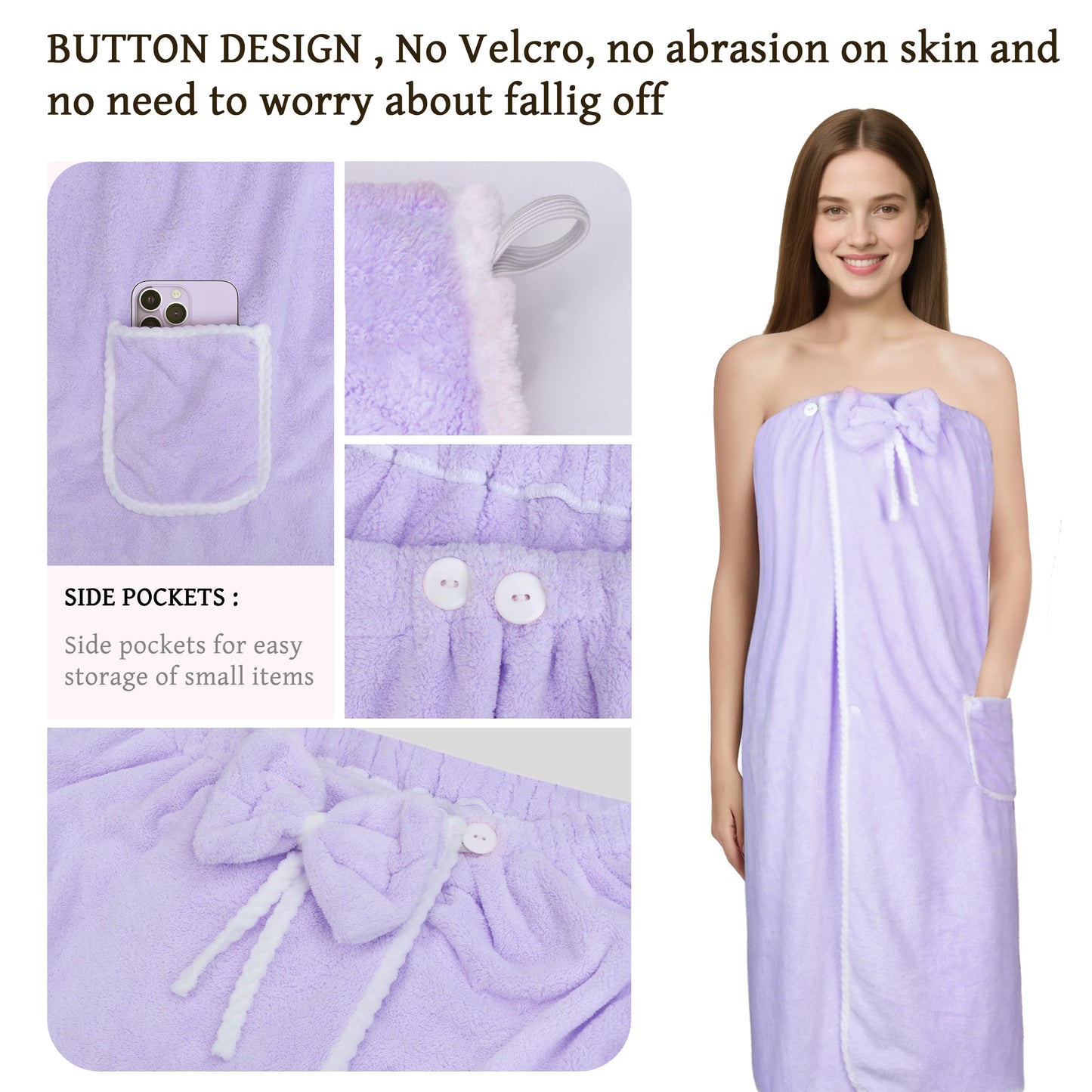 Towel Wrap Women Shower Robe Adjustable Closure Bathrobe with Hair Drying Towel & Spa Wraps