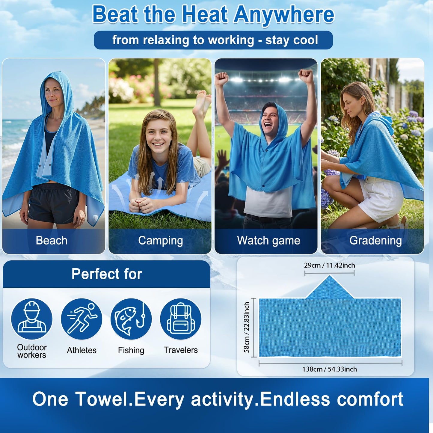 Upgrade Large Hoodie Cooling Towels - Double Layer Ice Beach Towel Wearable Shawl, Sun Proection Long-Lasting Heat Relief Cool for Yoga,Yard work Camping Beach & Summer Activities (Blue, 55*25inch)