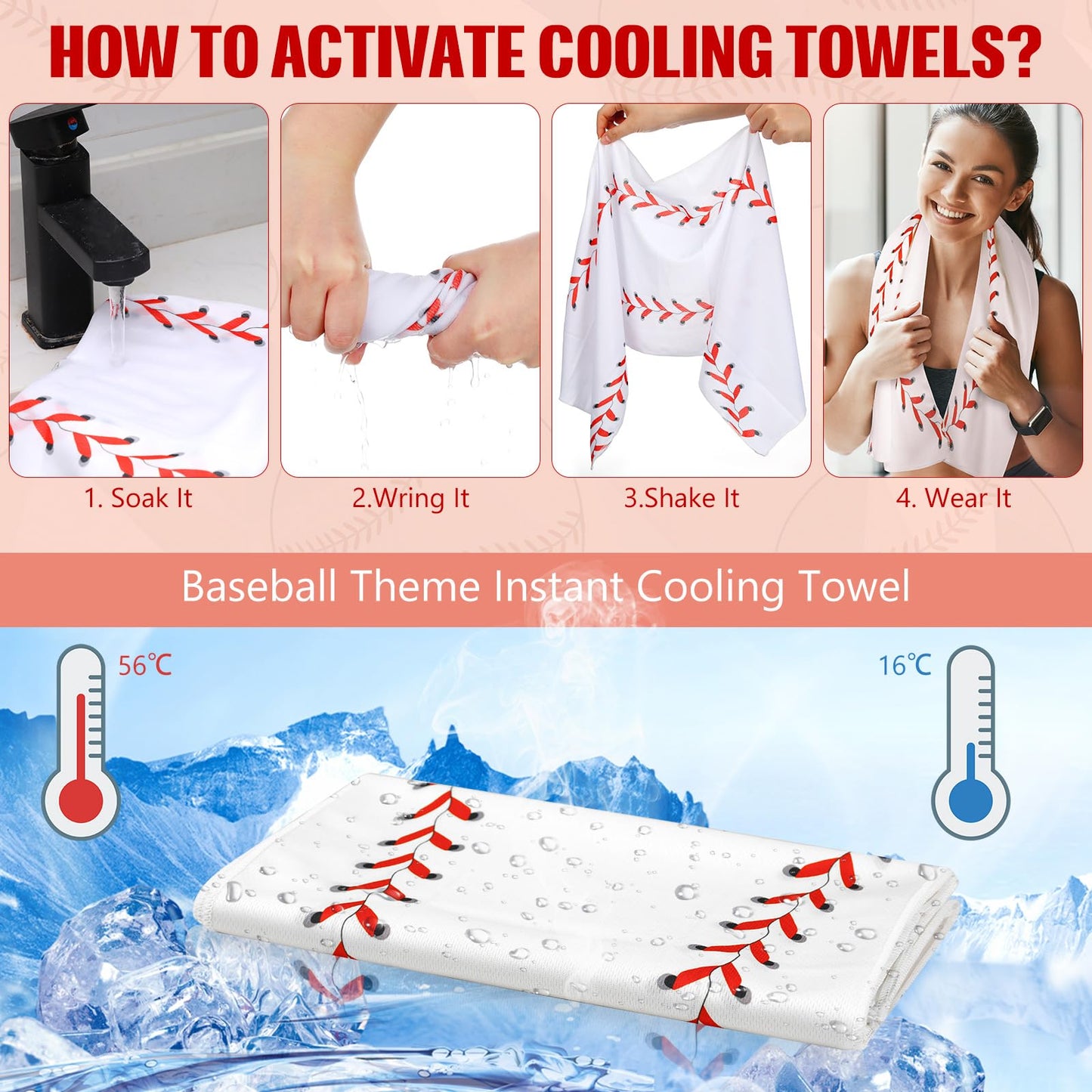 Tegeme 12 Pcs Ice Cream Drip Baseball Cooling Towels, 47"x12" Team Gifts Breathable Chilly Ice Towel, Microfiber Sport Cooling Rags Accessories for Player Gym Running Coach Gift