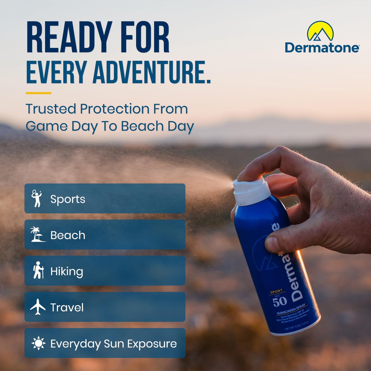 Dermatone Sport Sunscreen Spray SPF 50 | Broad Spectrum, Moisturizing, Water-Resistant | With Vitamin C, Aloe & Vitamin E | Oxybenzone & Octinoxate Free - Hawaii Act 104 Compliant | 5oz