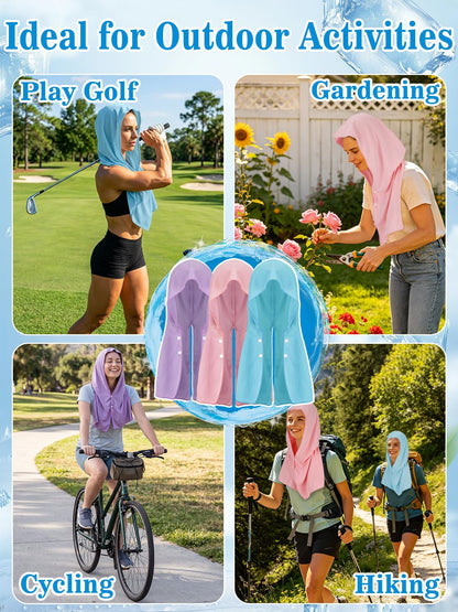 Acostop 3 Pcs Long Lasting Cooling Hoodie Towels for Neck and Face- Absorbent & Quick Drying Cooling Towel Wraps for Women, Sun Protection in Summer Extreme Heat Hot Weather (Blue, Purple, Pink)